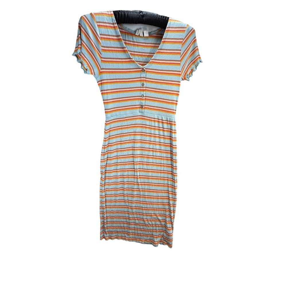 Roxy Striped Ribbed Knit Midi Dress Womens Small Orange Button Front Beachy